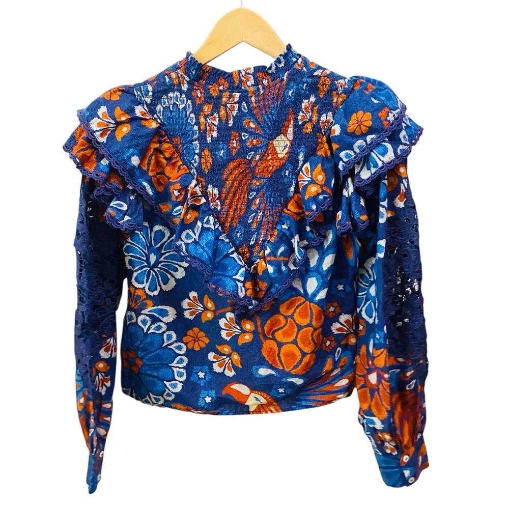 FARM RIO Smocked Pineapple Flowers Navy Blue Blouse Size Small - Picture 7 of 13